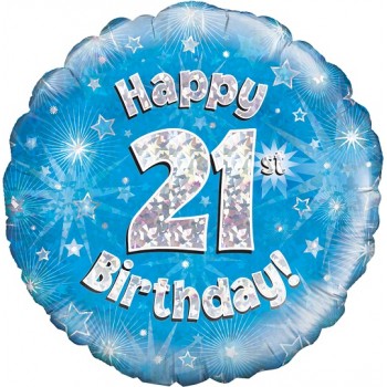 Palloncino Mylar 45 cm. Age 21° Happy Birthday Blue Holographic