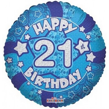 Palloncino Mylar 45 cm. 21° Holographic Blue Happy Birthday