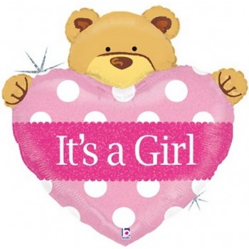 Palloncino Mylar Super Shape Extra 93 cm. Girl - Baby Girl Big with Bear Heart  