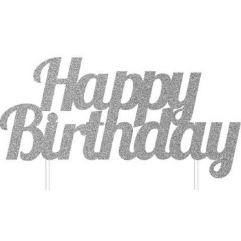 00 - Cake Topper Standard Happy birthday glitterato Argento cm 17,7 x 15,2