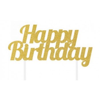 00 - Cake Topper Standard Happy birthday glitterato Oro cm 17,7 x 15,2