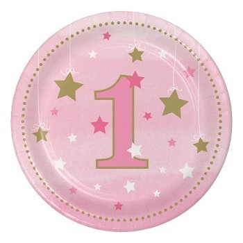 Coordinato Primo Compleanno Bimba One Little Star Girl - Piatto Carta 18 cm. - 8 pz