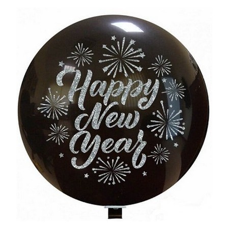 Palloncino in Lattice Rotondo 80 cm. Stampa Happy New Year Nero Glitter