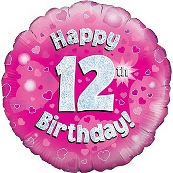 Palloncino Mylar 45 cm. Age 12° Happy Birthday Pink Holographic