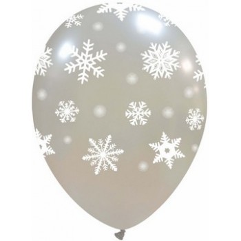 Palloncino in Lattice Rotondo 30 cm. Stampa Fiocchi di Neve Argento Metallizzati
